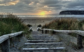 Sunrise, stairs, coast, Southshore, Christchurch, New Zealand HD wallpaper