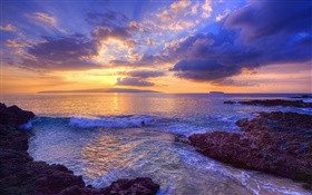 Sunset, waves, Secret Beach, Maui, Hawaii, USA