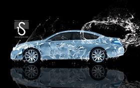 Water splash car, Nissan, side view, creative design HD wallpaper