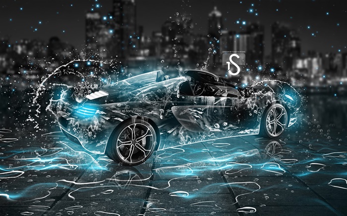 Water splash car, black supercar, night, creative design Wallpapers Pictures Photos Images