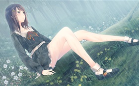 Anime girl, flowers, rain HD wallpaper