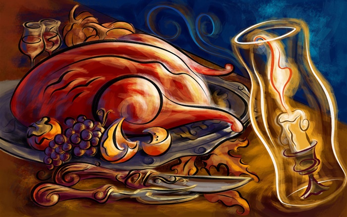 Art paintings, thanksgiving, roast chicken, candles, grapes, knives Wallpapers Pictures Photos Images