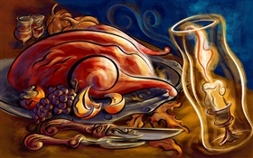 Art paintings, thanksgiving, roast chicken, candles, grapes, knives HD wallpaper