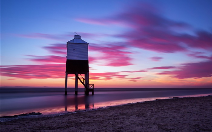 Beach, sky, clouds, sunset, evening, sea, buildings Wallpapers Pictures Photos Images