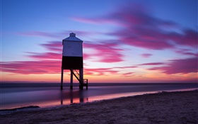 Beach, sky, clouds, sunset, evening, sea, buildings HD wallpaper