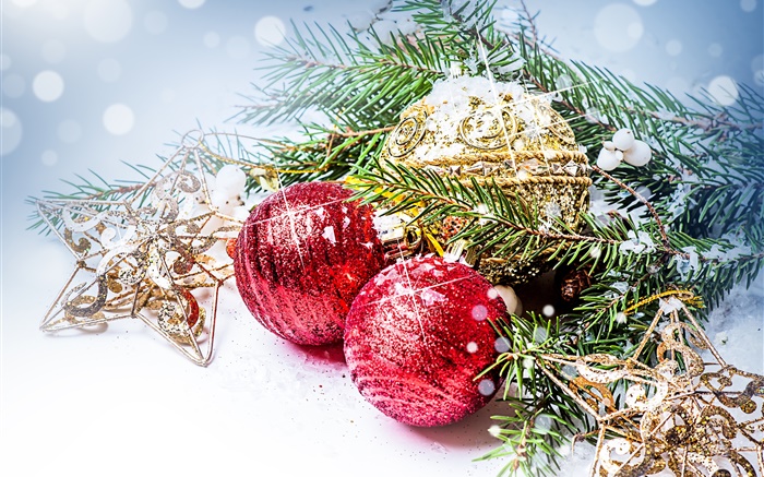 Christmas balls, pine branch, new year decoration Wallpapers Pictures Photos Images