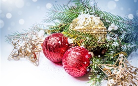 Christmas balls, pine branch, new year decoration HD wallpaper