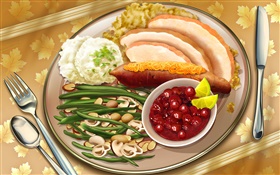 Delicious dinner, dish, food, knife, fork, painting HD wallpaper