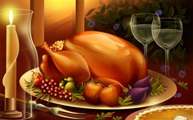 Dinner, chicken, apples, onions, painting HD wallpaper