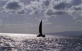 Dusk, sea, boat, clouds HD wallpaper