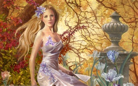 Fantasy girl, park, trees HD wallpaper