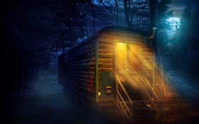Forest, night, full moon, wooden house, lights HD wallpaper