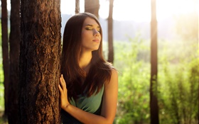 Girl in forest, feeling sun HD wallpaper