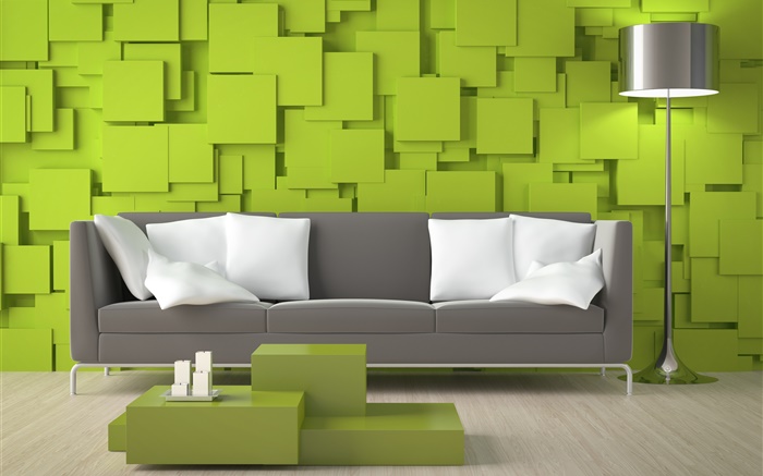 Living room, sofa, green walls, lamp Wallpapers Pictures Photos Images
