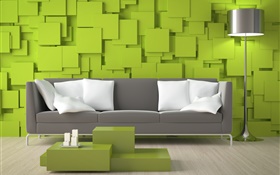 Living room, sofa, green walls, lamp HD wallpaper