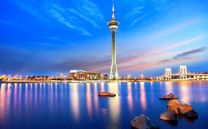 Macau, China, night, lights, tower, bridge, sea, buildings Wallpapers Pictures Photos Images