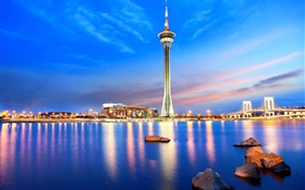 Macau, China, night, lights, tower, bridge, sea, buildings