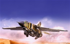 MiG fighter, flying, desert, clouds HD wallpaper
