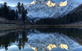 Mountains, lake, trees, water reflection, snow HD wallpaper