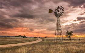 New South Wales, Australia, grass, windmill, clouds, sunset HD wallpaper