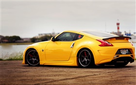 Nissan 370z yellow car rear view HD wallpaper