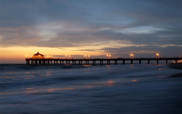 Pier, lights, clouds, sea, dusk Wallpapers Pictures Photos Images