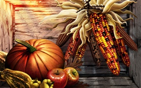 Pumpkin, corn, peppers, apples, Thanksgiving HD wallpaper
