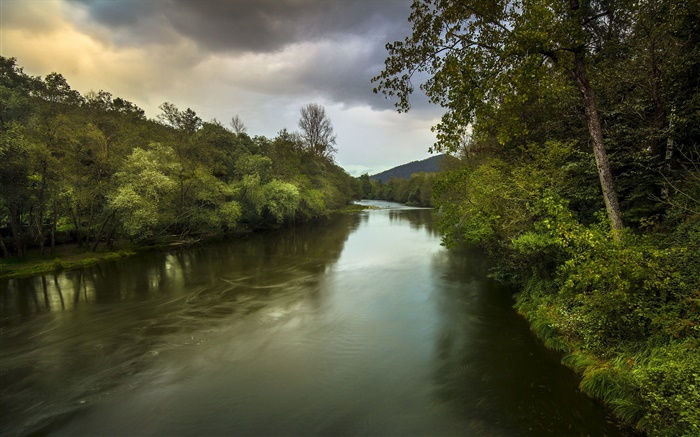 River, trees, clouds, sunset, dusk Wallpapers Pictures Photos Images