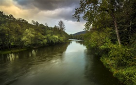 River, trees, clouds, sunset, dusk HD wallpaper