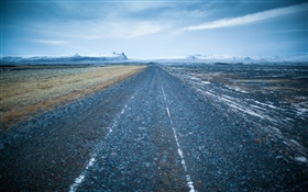 Road, mountains, clouds, mist, dawn HD wallpaper
