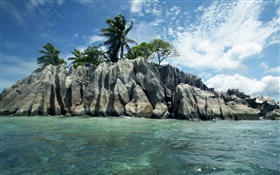 Sea, stones, trees, clouds, Seychelles Island