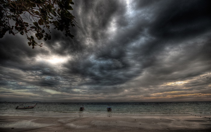 Storm, clouds, coast, beach, boat, evening Wallpapers Pictures Photos Images