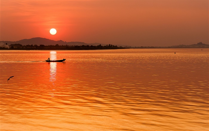 Sunset, red sky, river, boat Wallpapers Pictures Photos Images