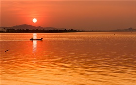 Sunset, red sky, river, boat HD wallpaper