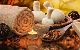 Towel, candle, salt, SPA HD wallpaper