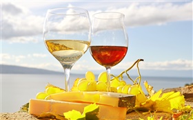 Wine, red and white, glass cups, grape HD wallpaper