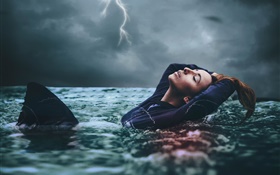 Amy Spanos, girl in water, storm HD wallpaper