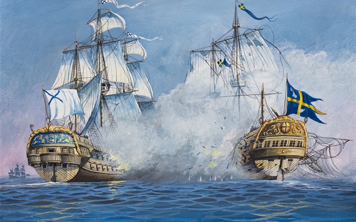 Art painting, sailing, ships, battle, sea Wallpapers Pictures Photos Images