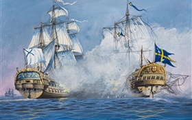 Art painting, sailing, ships, battle, sea HD wallpaper