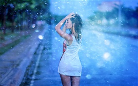 Asian girl, street, rain HD wallpaper