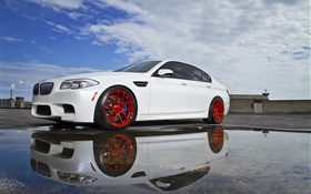 BMW M5 F10 white car, puddle