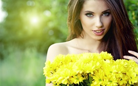 Beautiful long hair girl, yellow chrysanthemums
