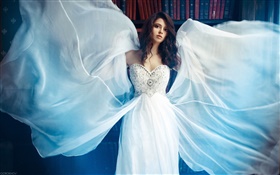Beautiful white dress girl, wings, books HD wallpaper