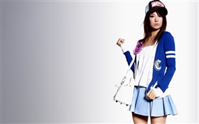 Blue dress girl, short skirt, hat HD wallpaper