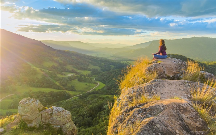 Brazil, Santa Catarina, Urubici, valley, women, yoga, sun, clouds Wallpapers Pictures Photos Images