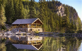 Canada, Banff National Park, Lake Agnes, mountains, house, people, pier HD wallpaper