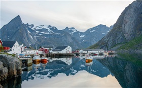 Canyon, mountains, river, houses, dock, boats, sailboats HD wallpaper
