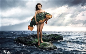Creative pictures, girl hold a fish, sea, clouds HD wallpaper
