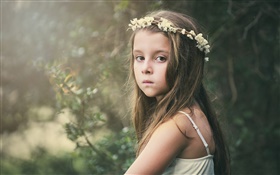 Cute little girl, sadness, child, wreath, flowers HD wallpaper