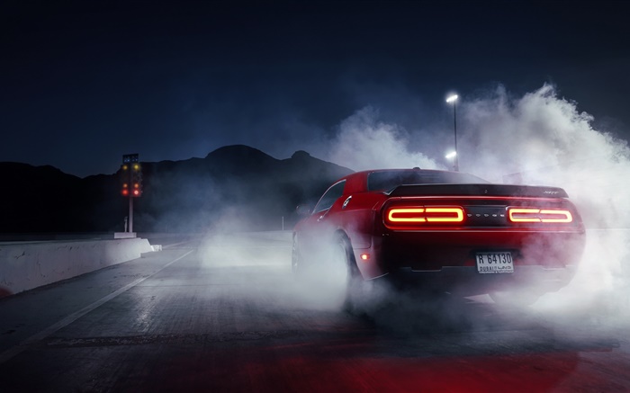 Dodge Challenger red supercar rear view, smoke Wallpapers Pictures Photos Images